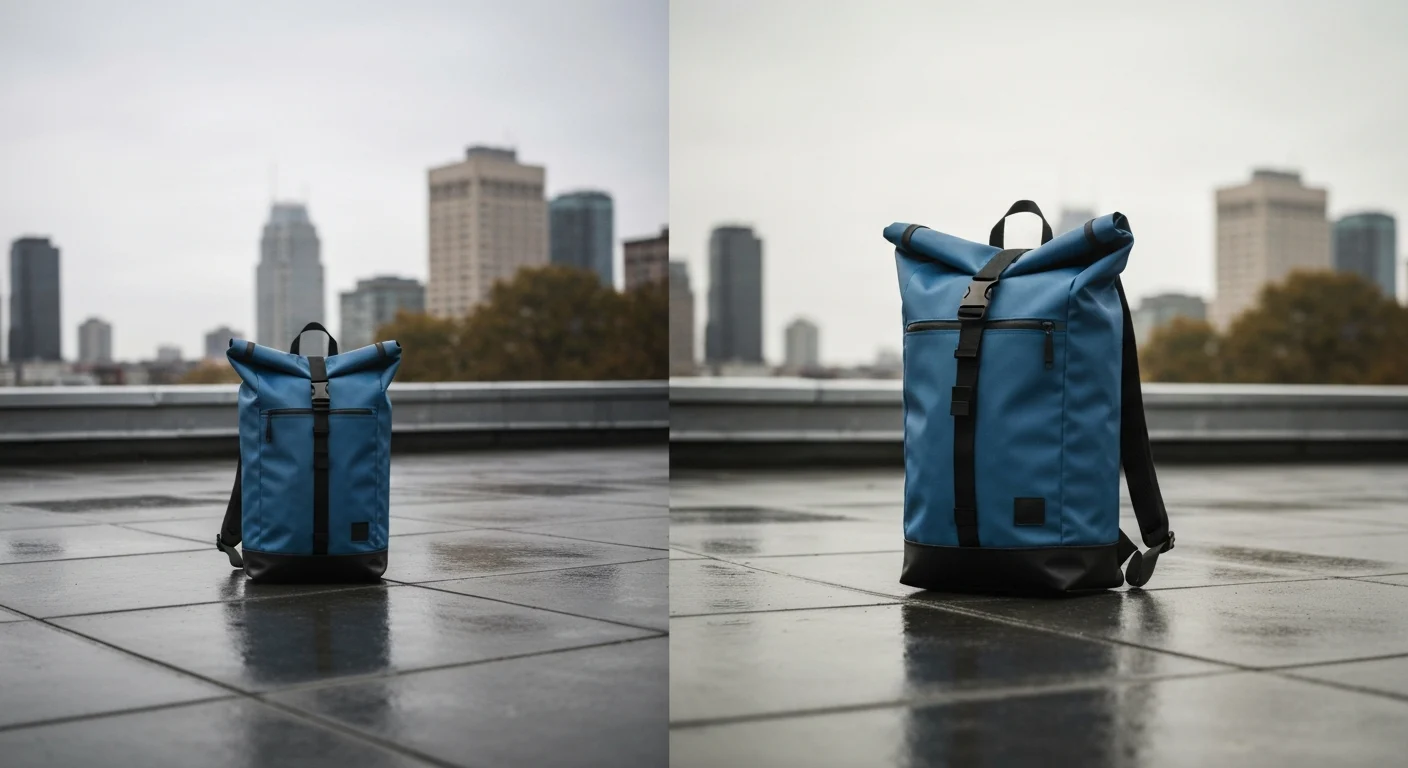 Blauer Rolltop-Rucksack mit schwarzem Gurt auf nasser Dachterrasse vor Hochhäusern