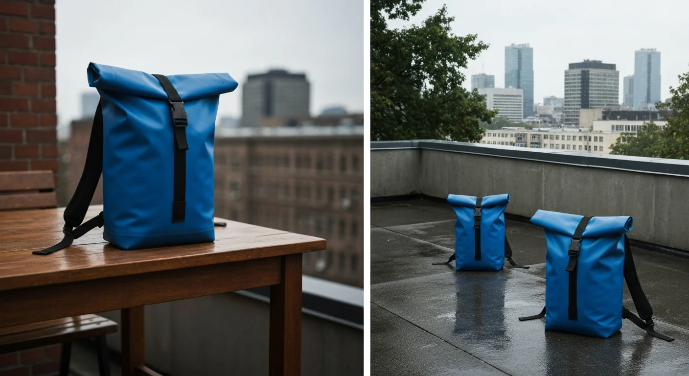Kräftig blauer Rolltop-Rucksack auf Holztisch am Balkon und zwei Modelle auf nassem Dach