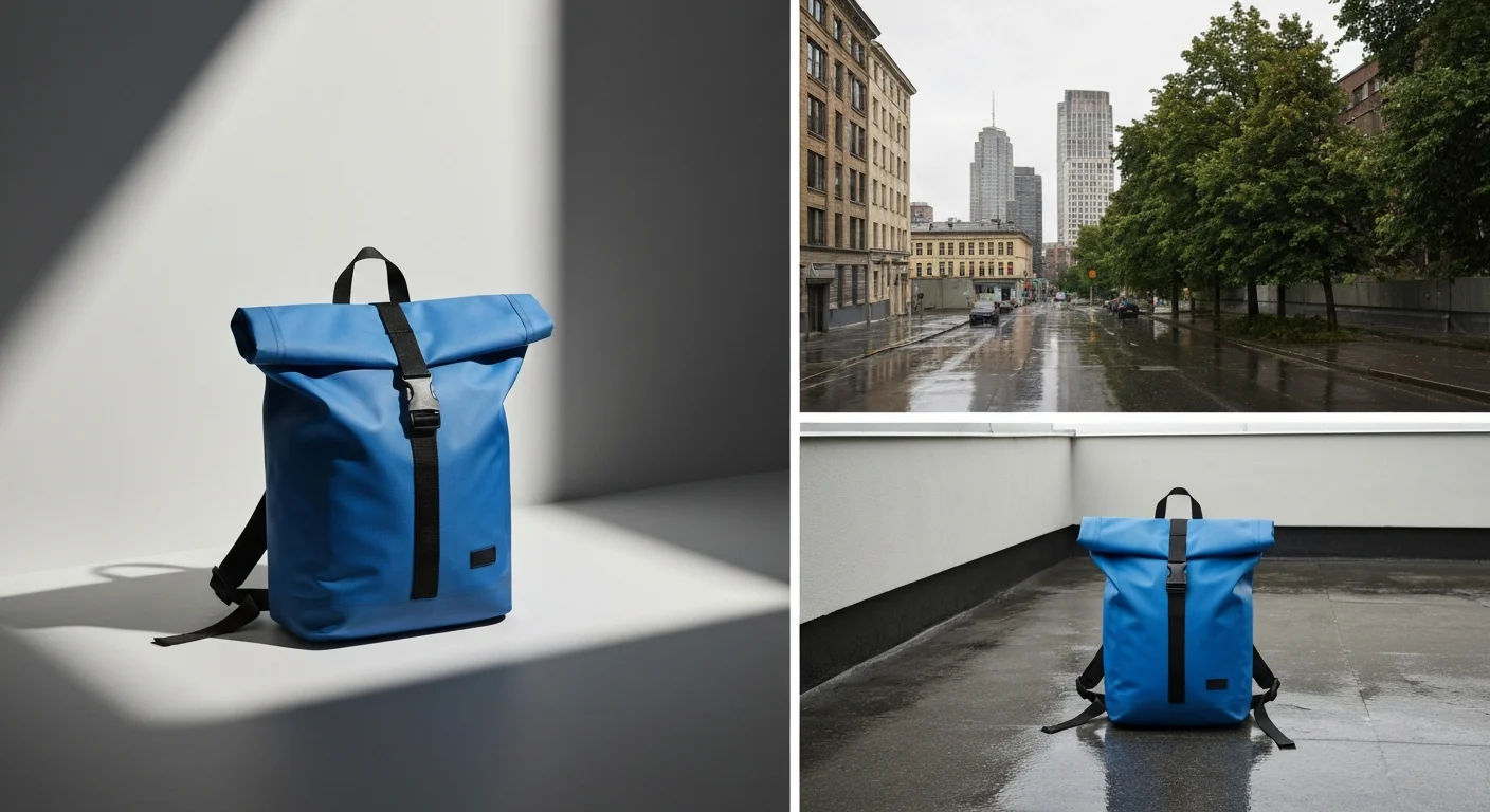 Blauer Rolltop-Rucksack im Streiflicht und auf nasser Dachterrasse, dazu eine Stadtstraße