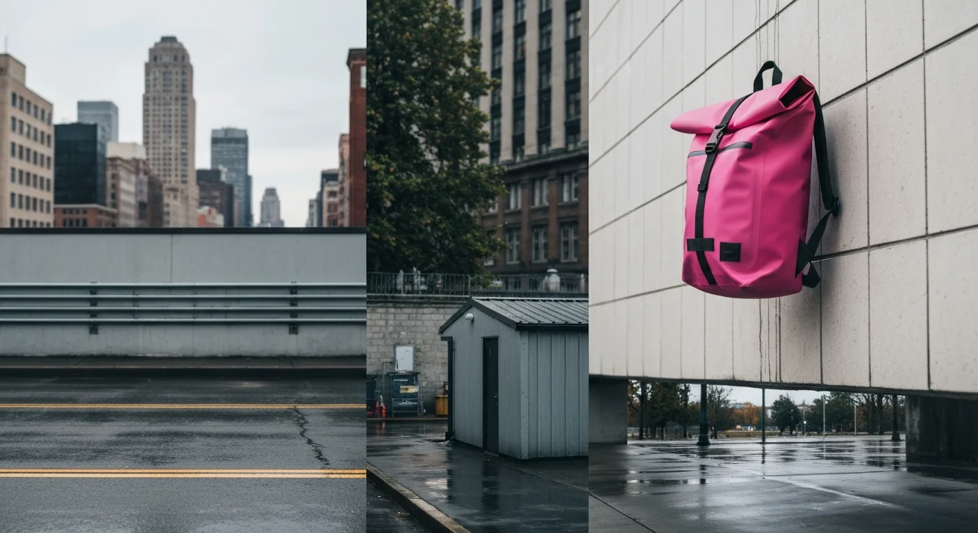 Pinker Rolltop-Rucksack an einer hellen Fassade, daneben nasse Stadtszenen