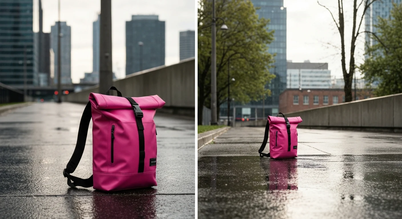 Pinker Rolltop-Rucksack mit schwarzem Gurt auf nassem Gehweg in der Stadt