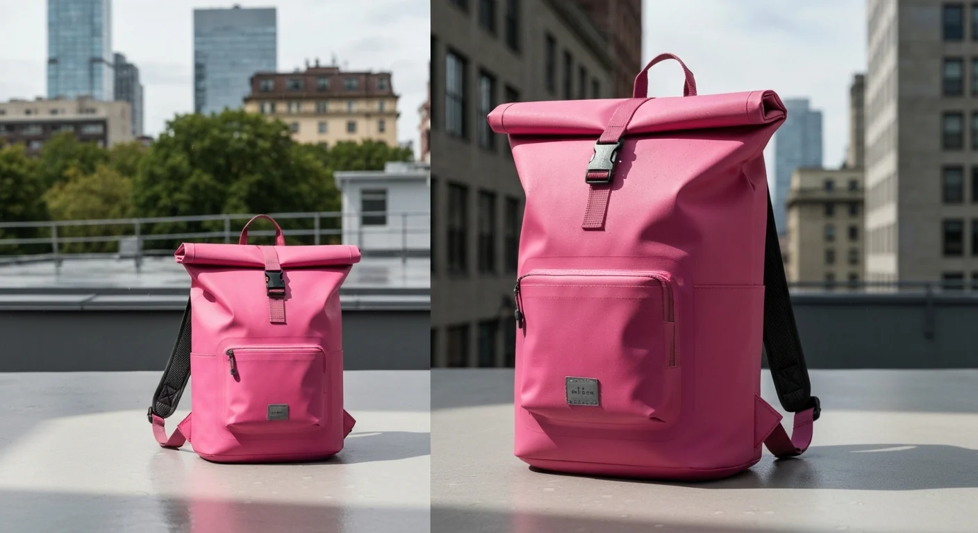 Pinker Rolltop-Rucksack mit Fronttasche auf heller Fläche vor Stadtgebäuden