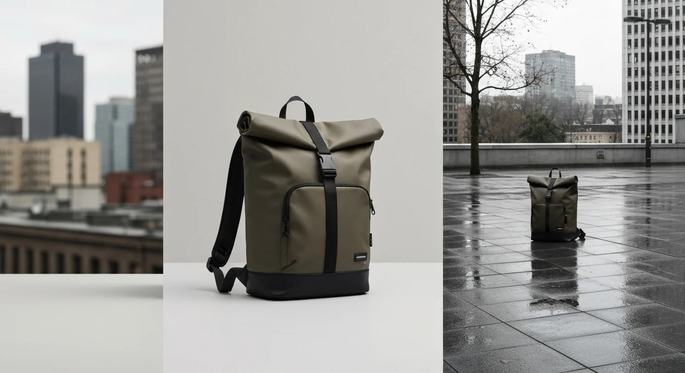Olivgrüner Rolltop-Rucksack mit schwarzem Boden vor hellem Hintergrund und auf nassem Platz