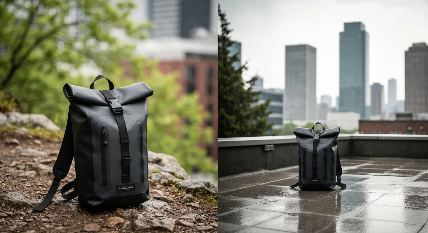 Schwarzer Rolltop-Rucksack auf steinigem Waldboden und auf nasser Dachterrasse vor Hochhäusern