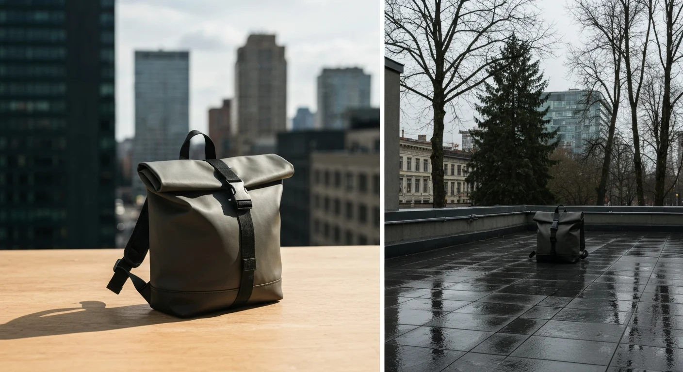Olivgrauer Rolltop-Rucksack auf Holztisch im Sonnenlicht und auf nasser Dachterrasse