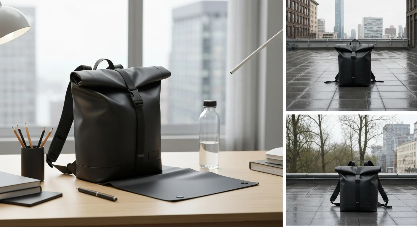 Schwarzer Rolltop-Rucksack auf Schreibtisch mit Stiften und Wasserflasche, dazu auf nassem Dach