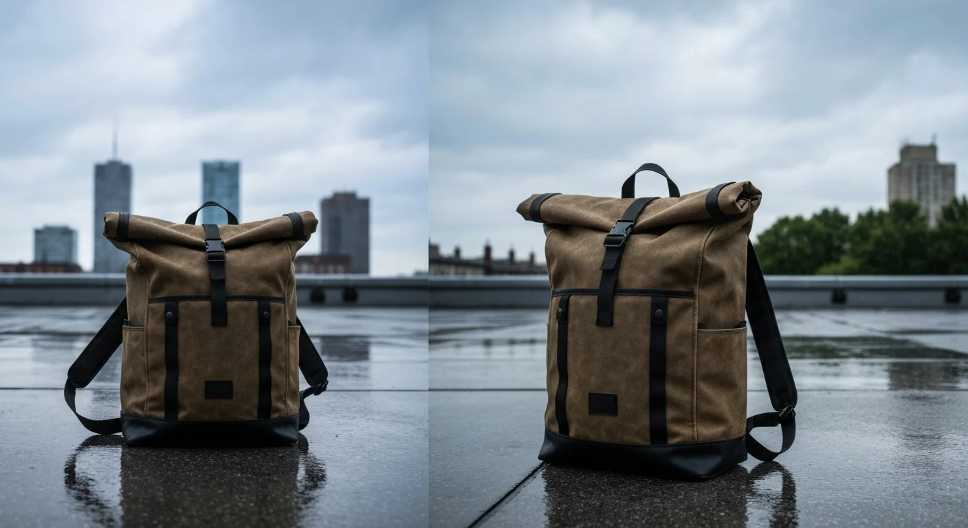 Brauner Rolltop-Rucksack mit schwarzen Gurten auf regennassem Dach vor Stadtkulisse