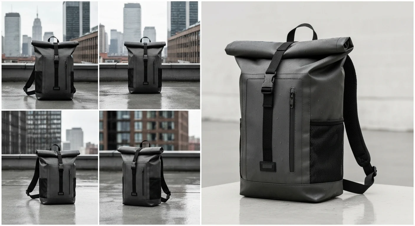 Dunkelgrauer Rolltop-Rucksack mit Netz-Seitentasche, mehrfach auf nassen Dachterrassen