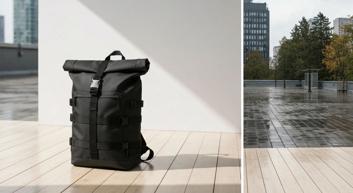 Schwarzer Rolltop-Rucksack mit Gurtschlaufen auf Holzboden vor heller Wand