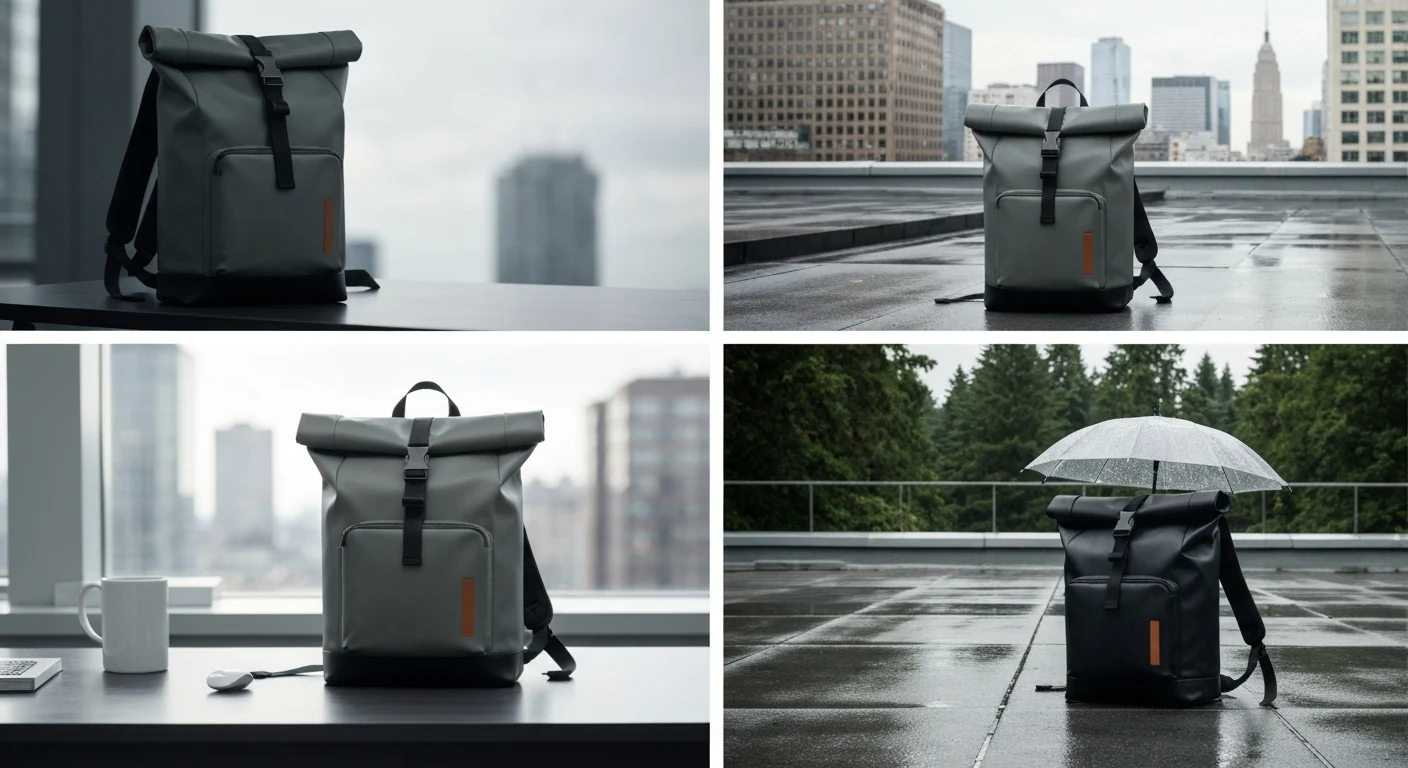 Graugrüner Rolltop-Rucksack auf Schreibtisch und unter Regenschirm auf nasser Dachterrasse