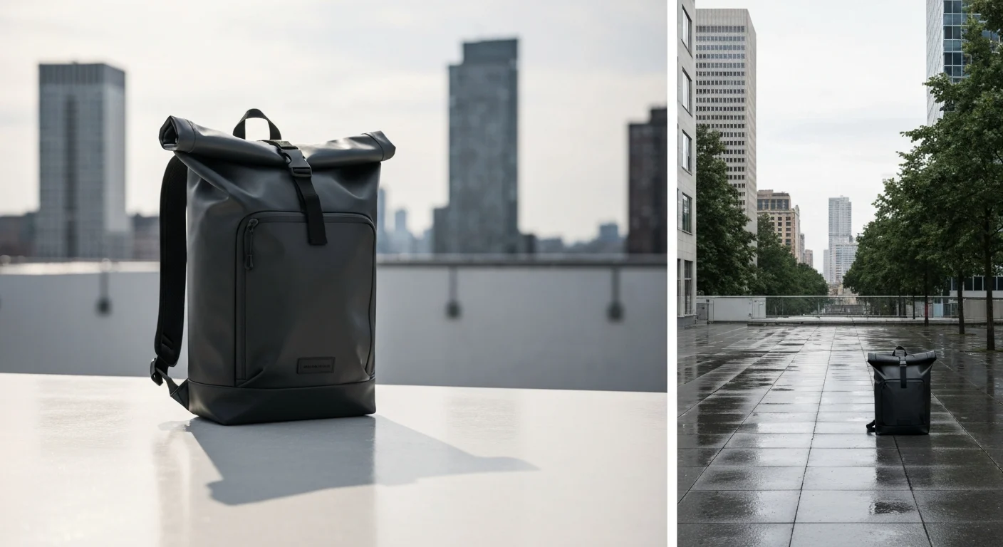 Schwarzer Rolltop-Rucksack auf heller Fläche und auf nassem Platz zwischen Bäumen