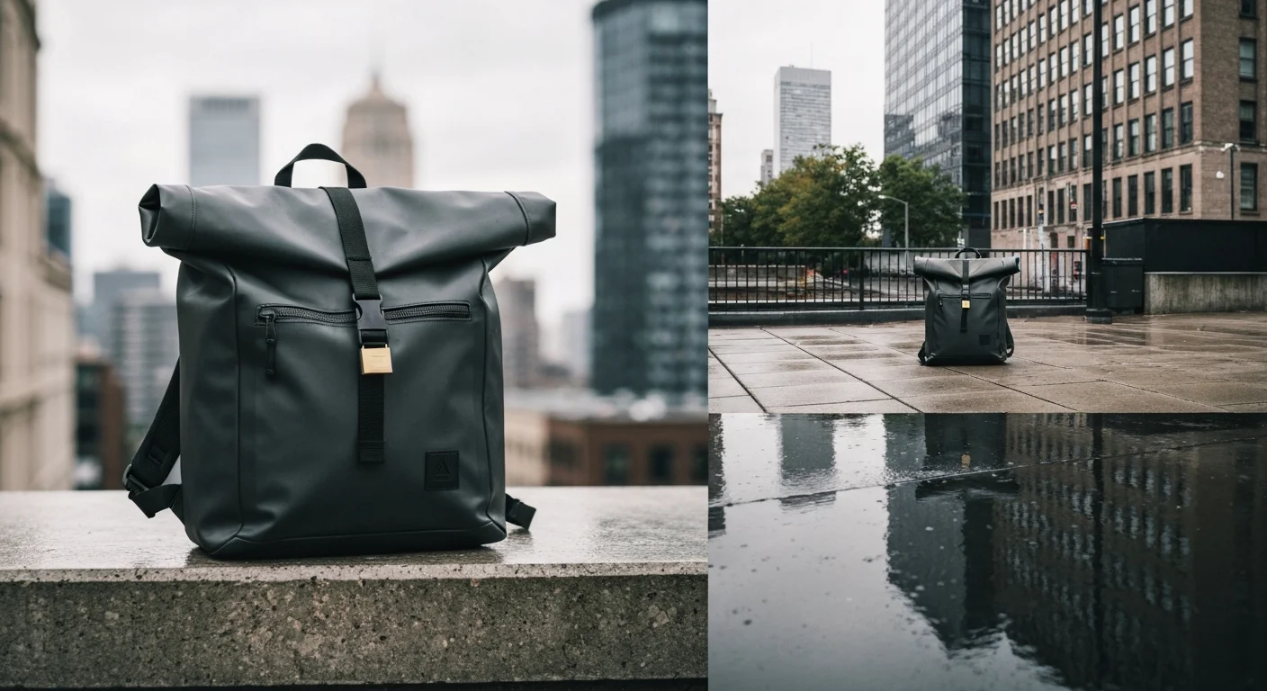 Schwarzer Rolltop-Rucksack mit kleinem Vorhängeschloss am Gurt auf Steinmauer in der Stadt