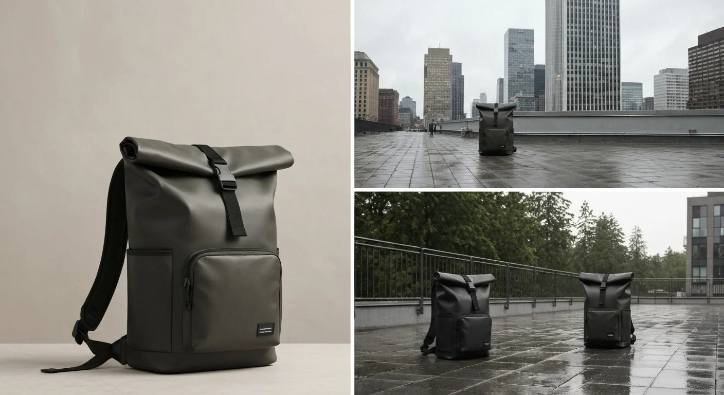 Schwarzgrüner Rolltop-Rucksack mit Fronttasche vor hellem Hintergrund und auf nassen Dachterrassen