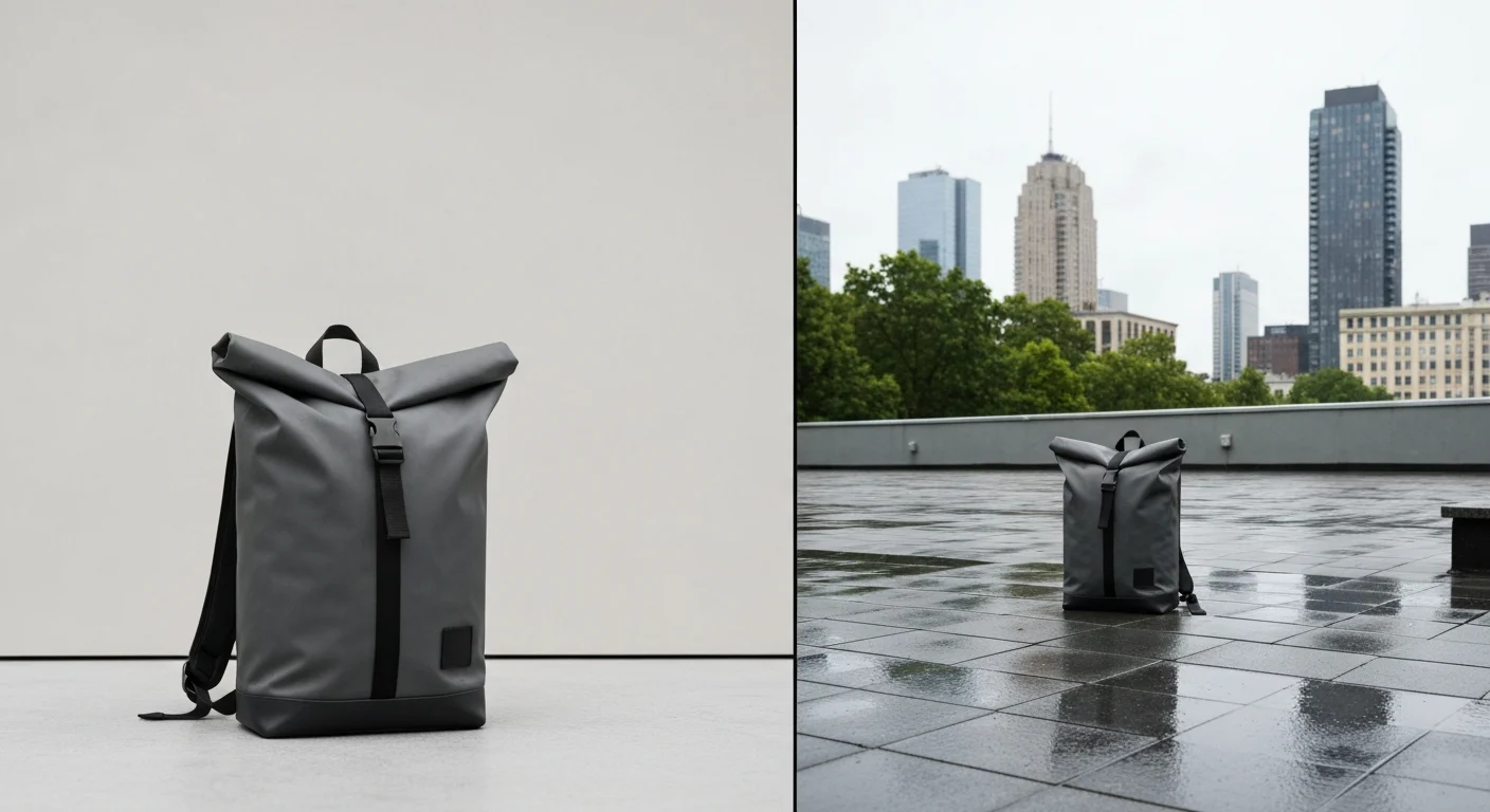 Grauer Rolltop-Rucksack vor heller Wand und auf regennasser Dachterrasse vor Skyline