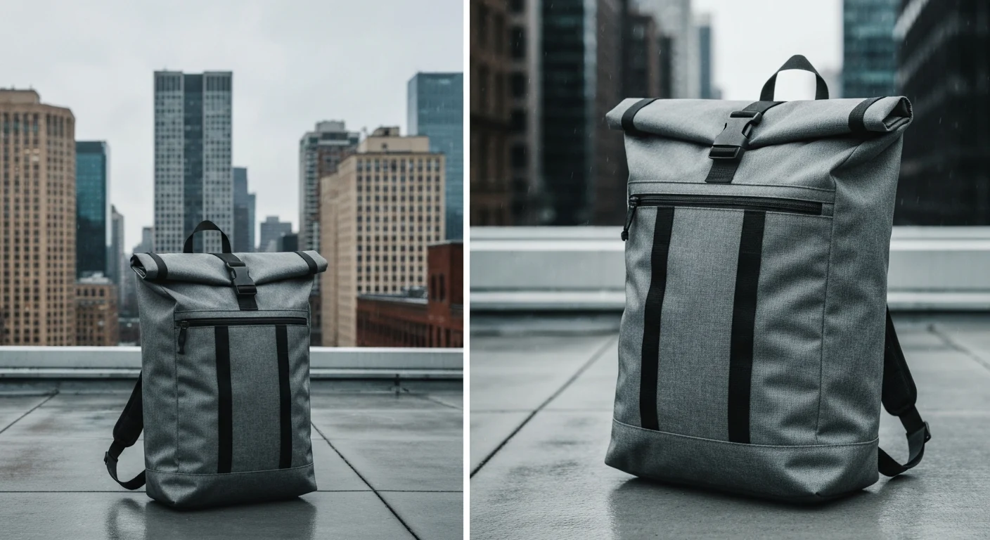 Grau melierter Rolltop-Rucksack mit schwarzen Streifen auf nasser Dachterrasse
