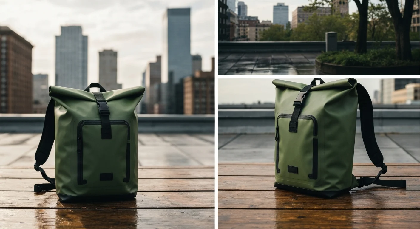 Olivgrüner Rolltop-Rucksack mit Fronttasche auf nassen Holzdielen vor Hochhäusern