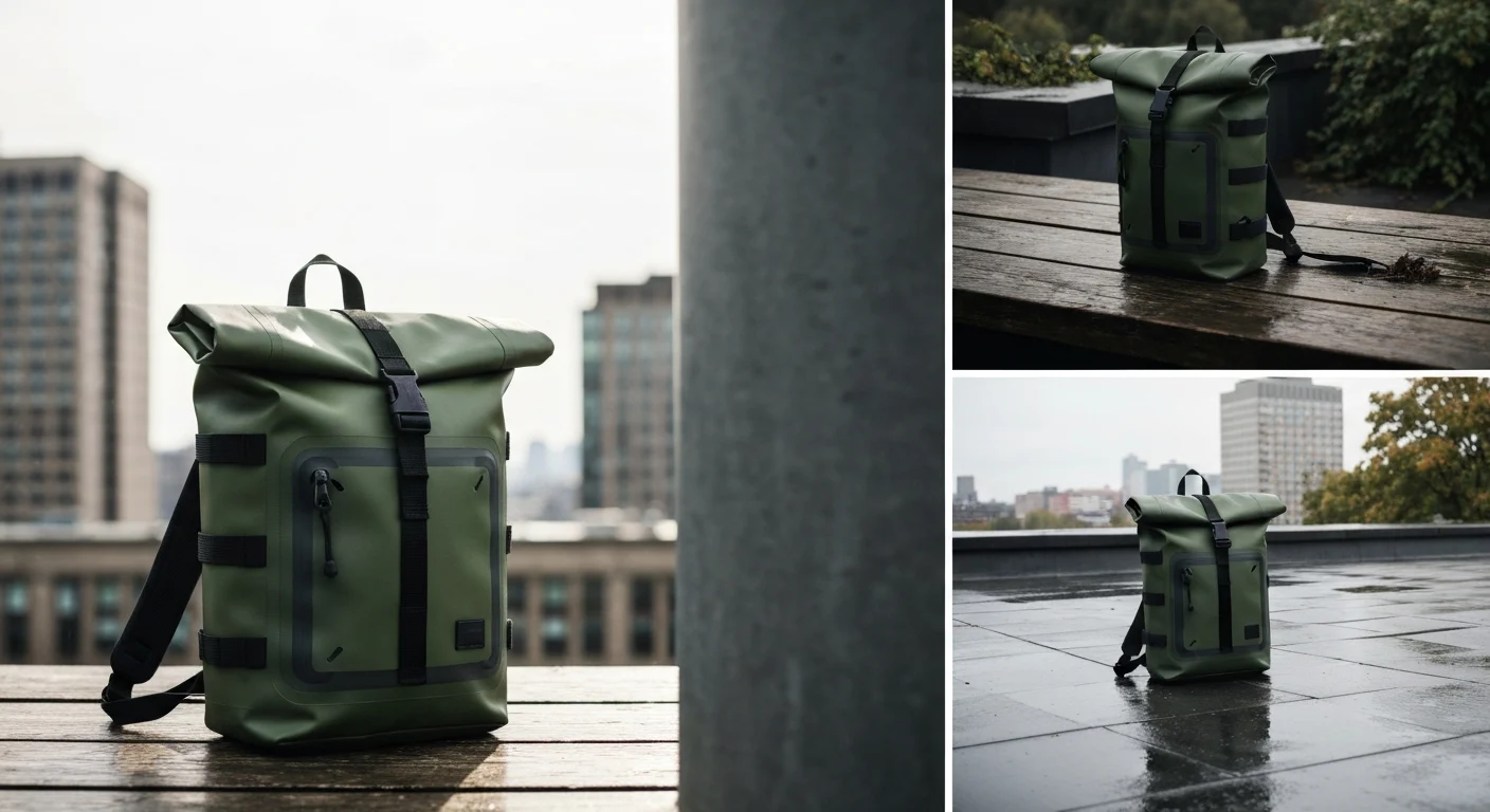Olivgrüner Rolltop-Rucksack mit Gurtschlaufen auf Holzbank und nasser Dachterrasse