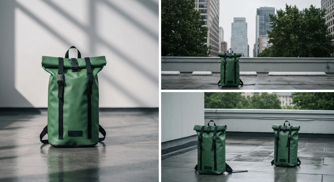Grüner Rolltop-Rucksack mit zwei schwarzen Gurten vor heller Wand und auf nassem Dach