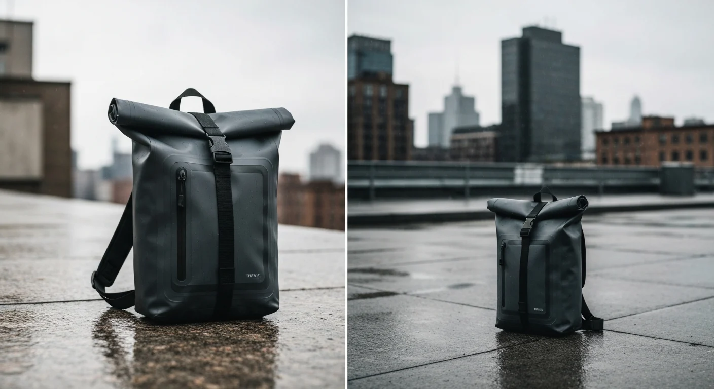 Dunkelgrauer Rolltop-Rucksack mit Reißverschlusstasche auf nassem Steinboden in der Stadt