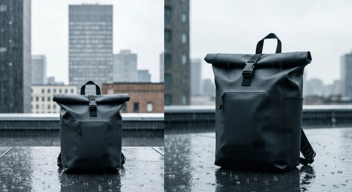 Schwarzer Rolltop-Rucksack im Regen auf nasser Dachterrasse vor Hochhäusern