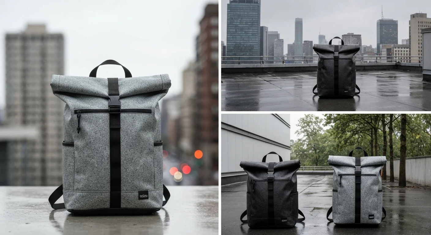 Grau melierter Rolltop-Rucksack neben schwarzem Modell auf nassem Platz vor Bäumen