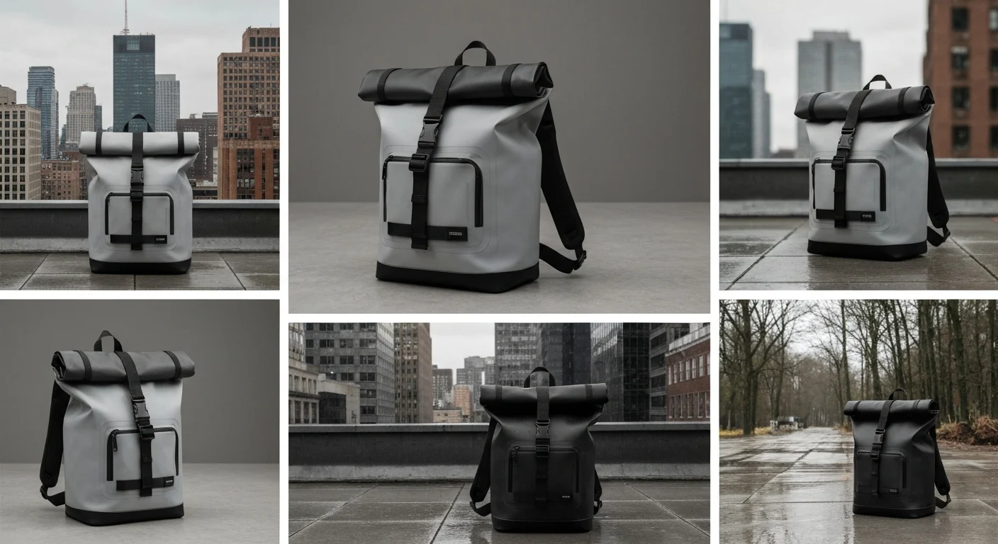 Grauer Rolltop-Rucksack mit schwarzer Rolle und Fronttasche, dazu schwarze Variante im Park