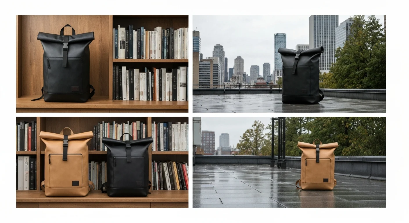 Schwarzer und hellbrauner Rolltop-Rucksack im Bücherregal und auf nasser Dachterrasse