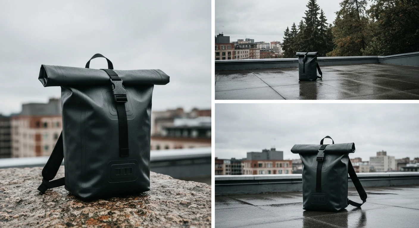 Dunkelgrauer Rolltop-Rucksack auf Granitstein und auf nasser Dachterrasse