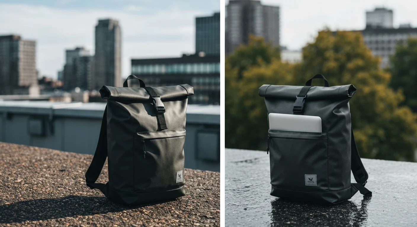 Schwarzer Rolltop-Rucksack mit Fronttasche, aus der ein Laptop ragt, auf nasser Mauer