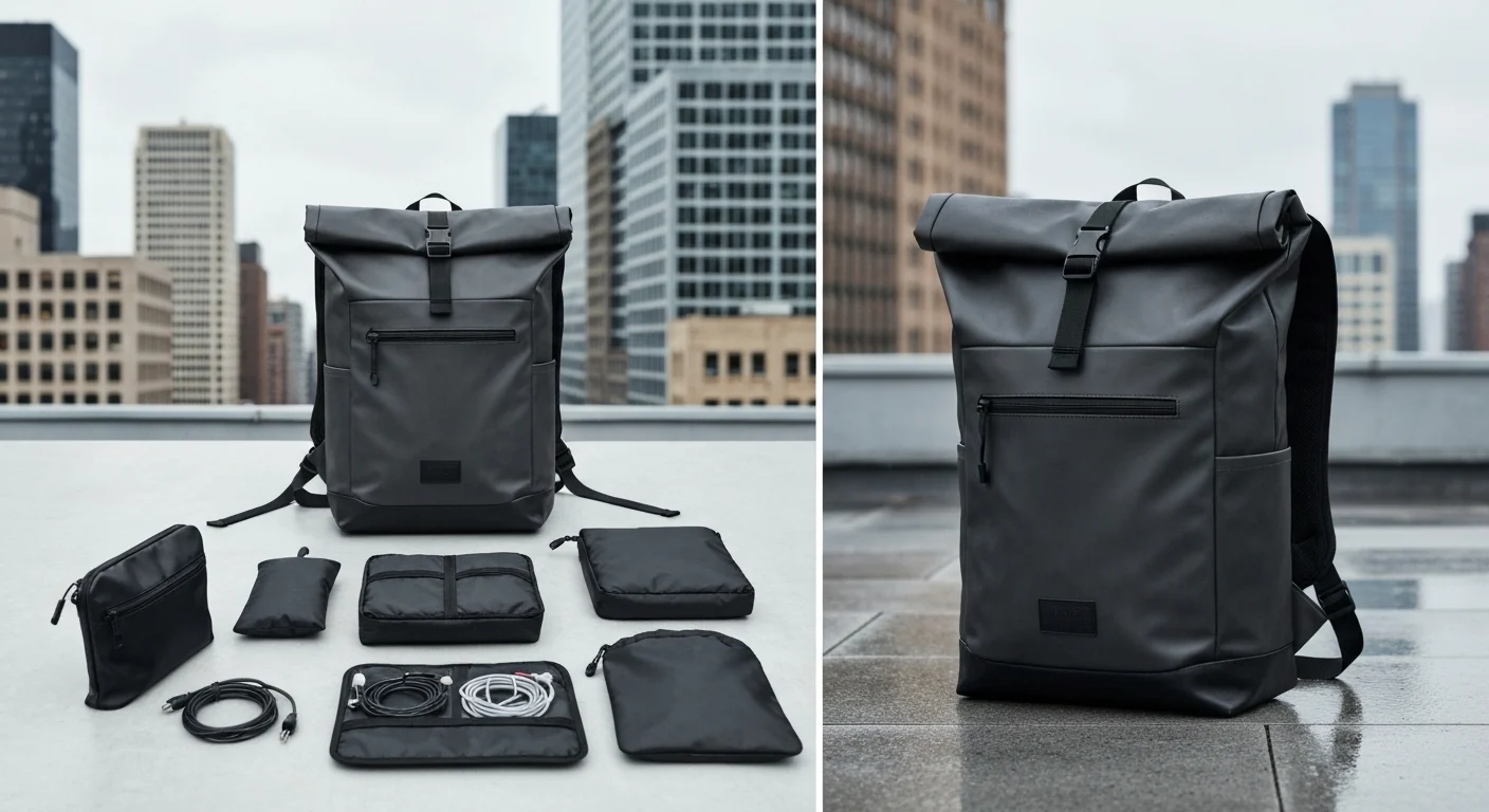 Dunkelgrauer Rolltop-Rucksack mit ausgelegten Packtaschen und Kabeltasche auf heller Fläche