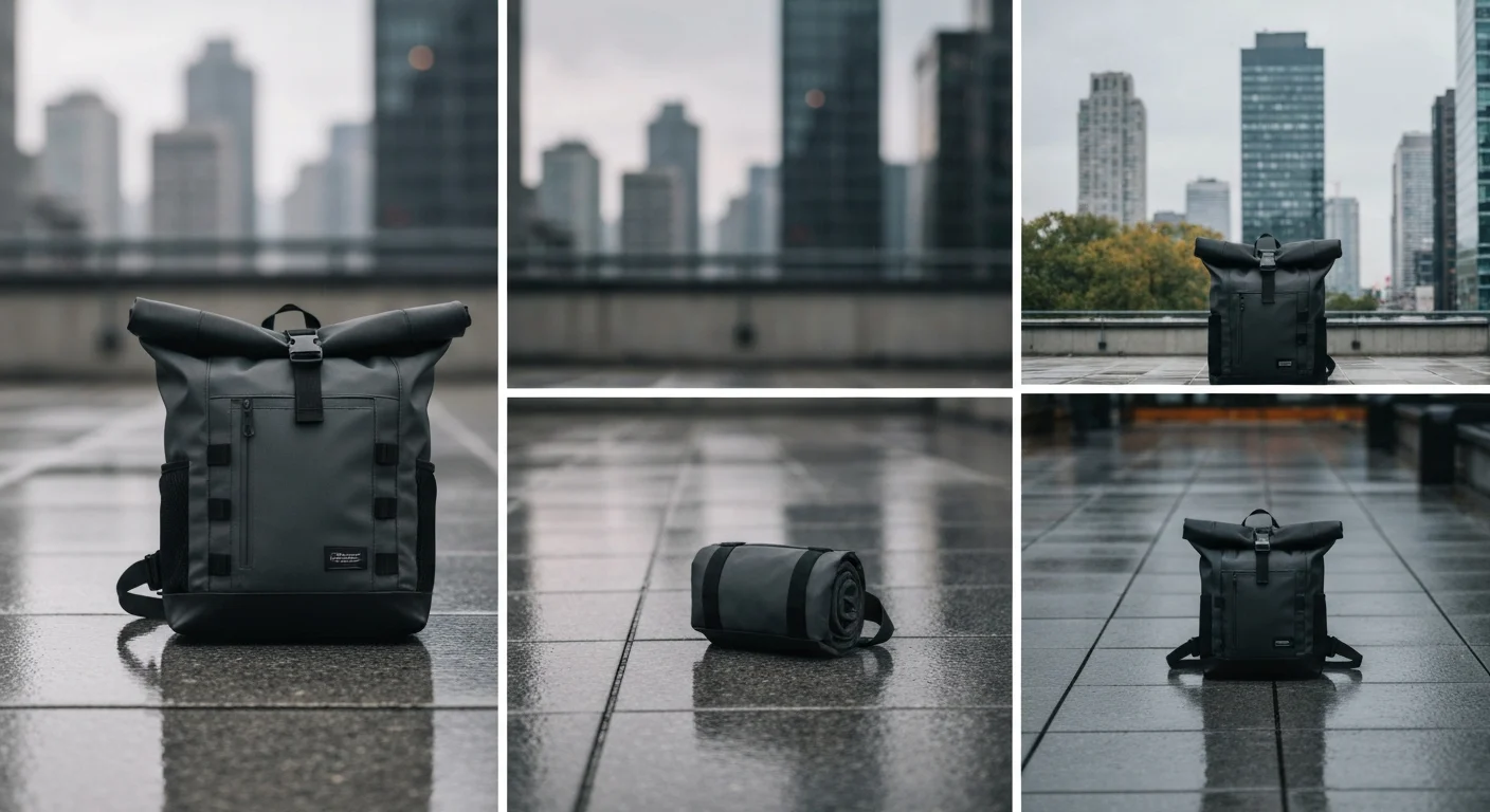 Grauer Rolltop-Rucksack auf nassen Steinplatten, daneben eingerollt, Hochhäuser im Hintergrund
