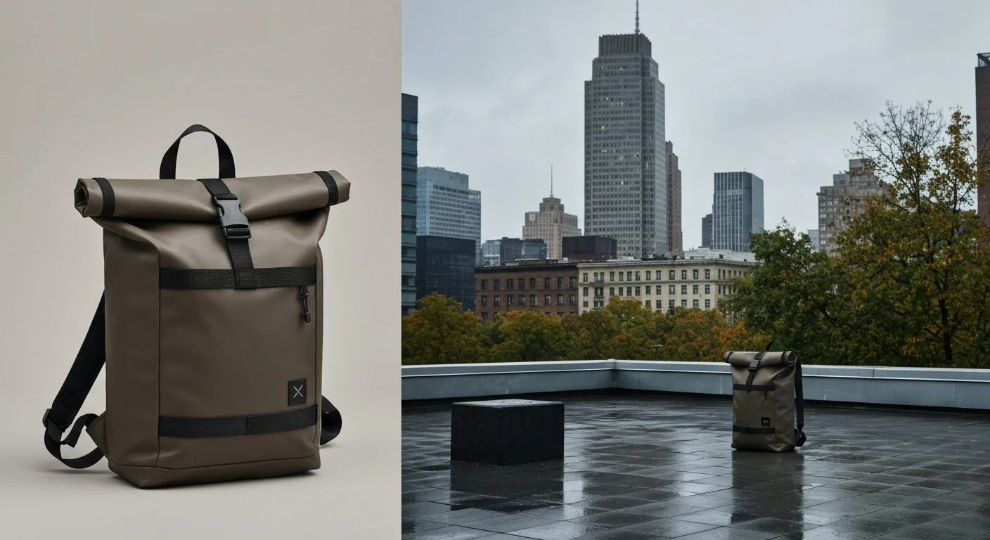 Olivgrüner Rolltop-Rucksack mit Steckschnalle vor hellem Hintergrund und auf nasser Dachterrasse