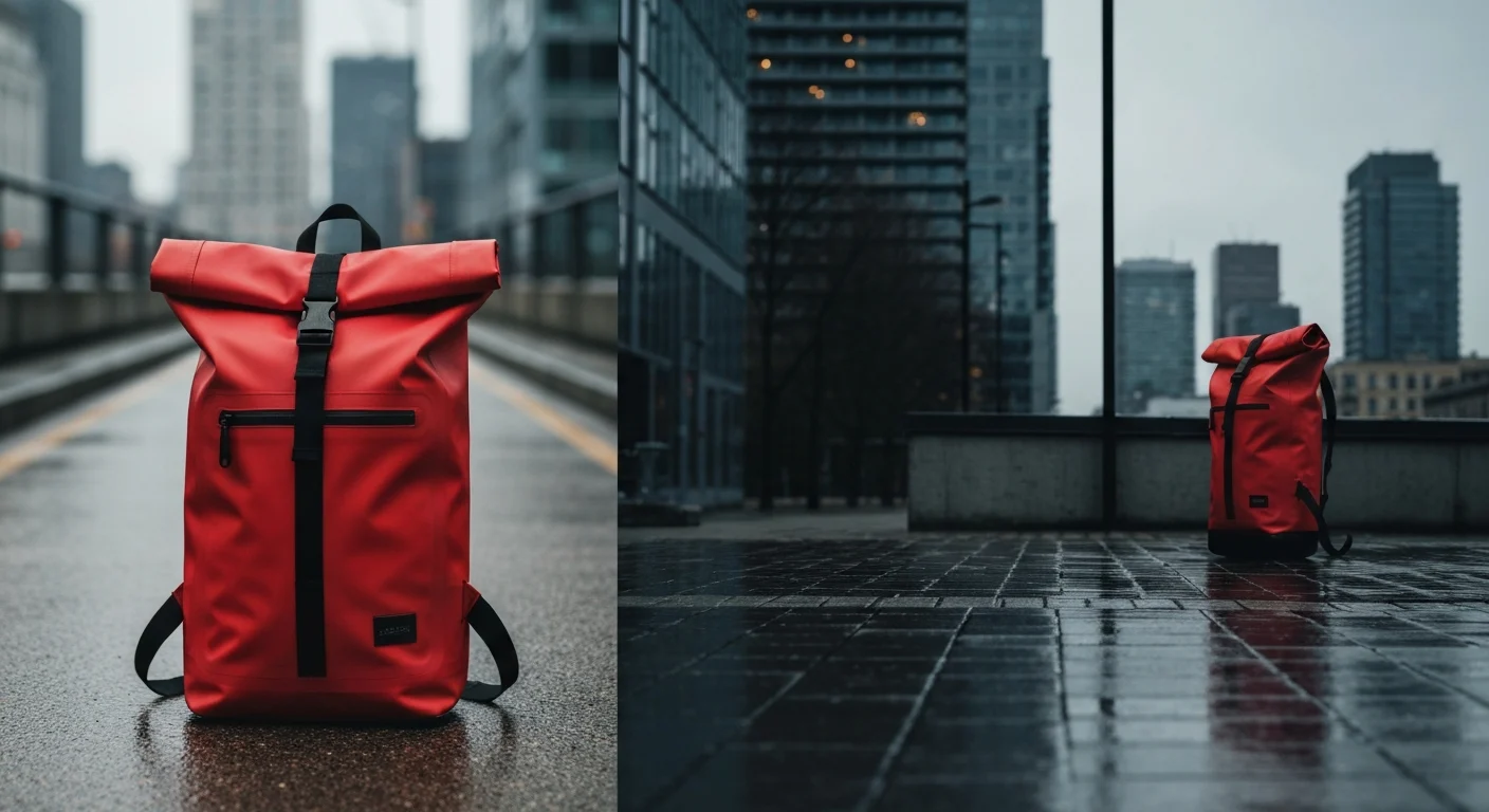 Roter Rolltop-Rucksack mit schwarzem Gurt auf nassem Gehweg zwischen Hochhäusern