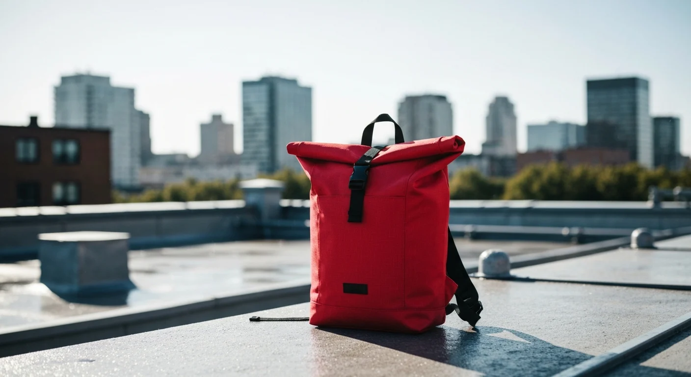 Roter Rolltop-Rucksack mit schwarzem Gurt auf einem Flachdach im Sonnenlicht