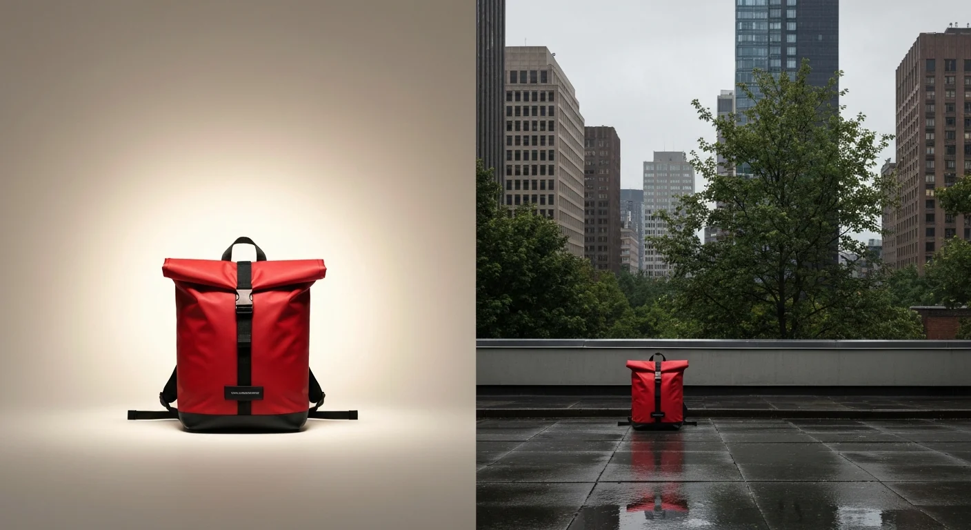 Roter Rolltop-Rucksack im Lichtkegel und auf nasser Dachterrasse vor Hochhäusern