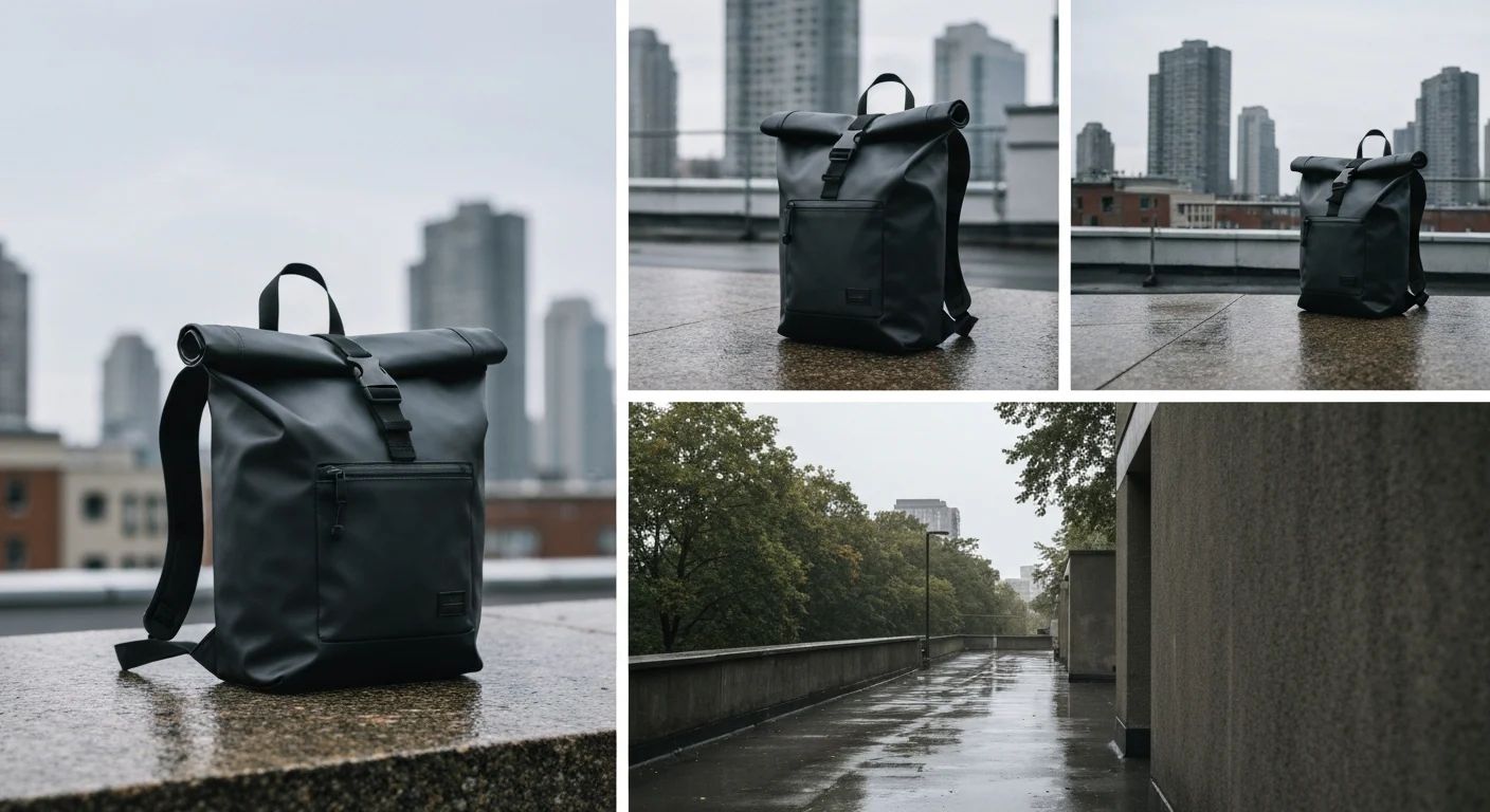 Schwarzer Rolltop-Rucksack auf nasser Steinmauer, dahinter Hochhäuser bei grauem Himmel