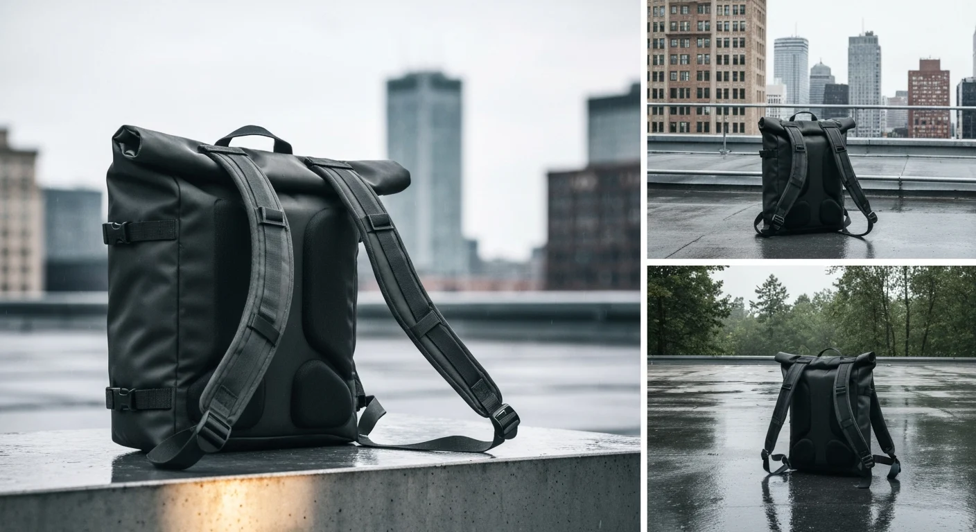 Rückansicht eines schwarzen Rucksacks mit gepolsterten Schultergurten auf nassem Dach