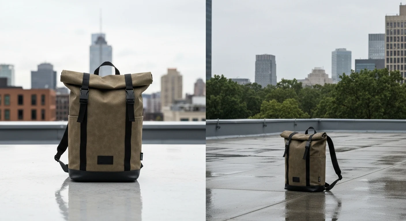 Olivbrauner Rolltop-Rucksack mit schwarzen Gurten auf regennasser Dachterrasse vor Skyline