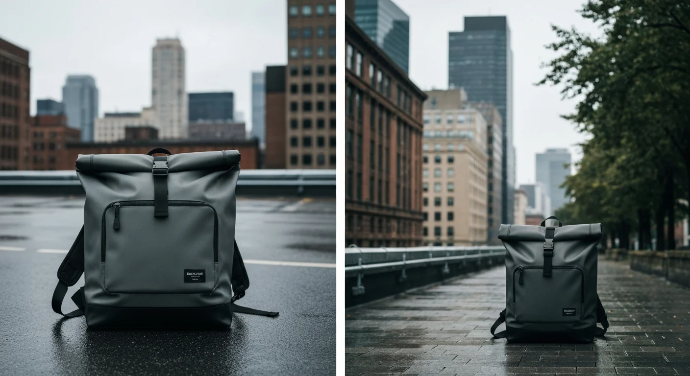 Grauer Rolltop-Rucksack mit Fronttasche auf nasser Straße und auf einem Gehweg mit Bäumen