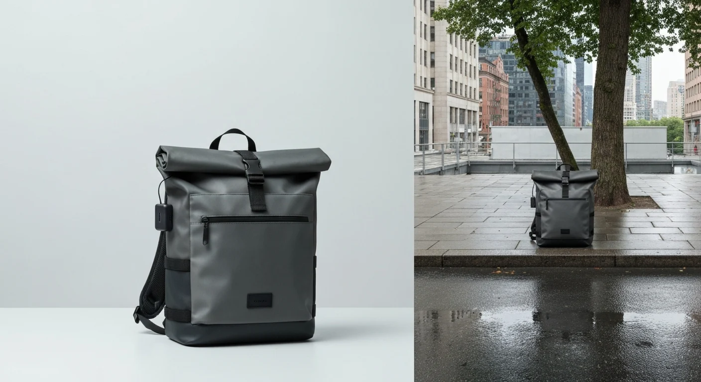 Grauer Rolltop-Rucksack mit seitlichem Kabelanschluss vor weißem Hintergrund und unter einem Baum