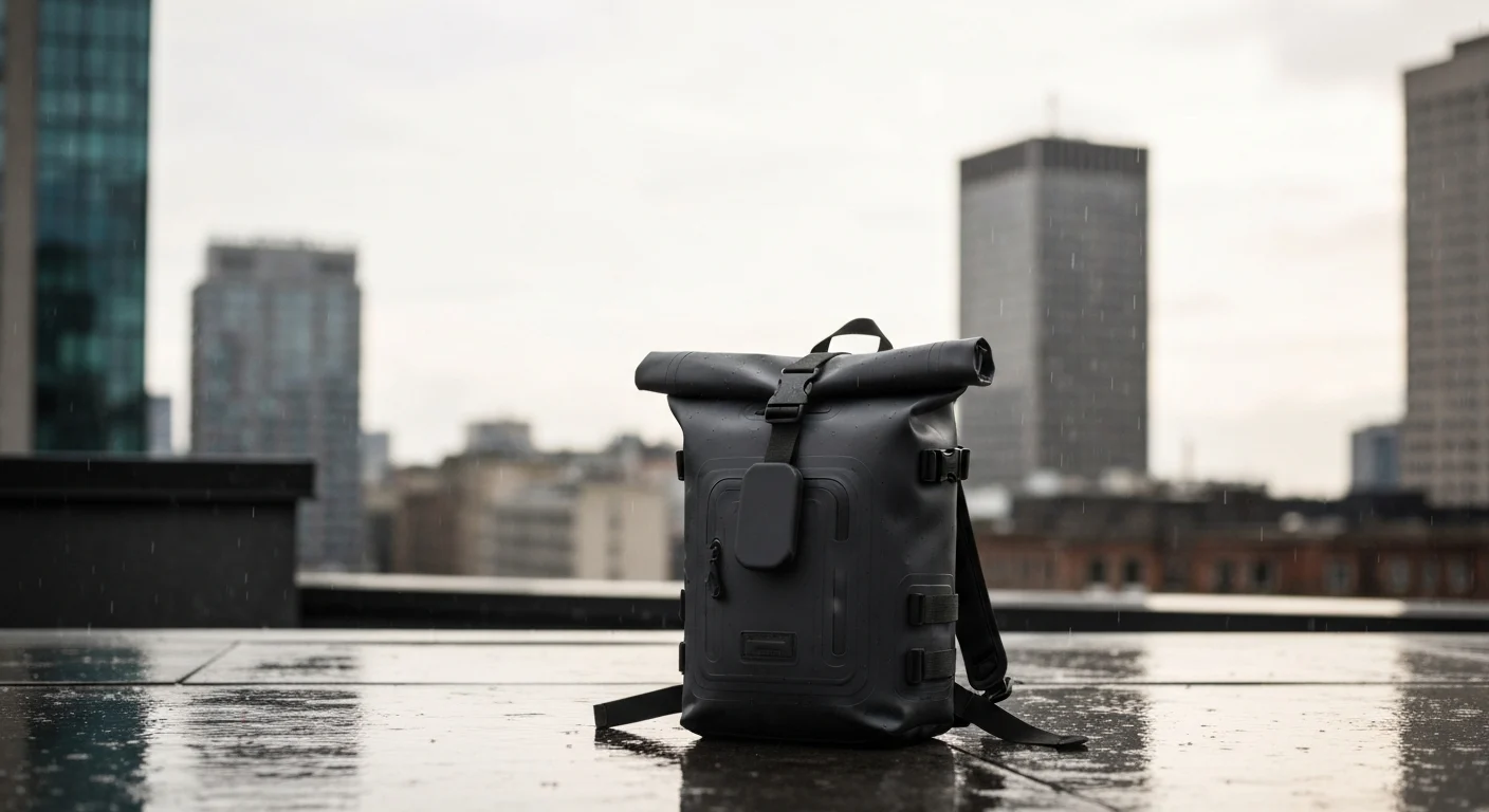 Schwarzer Rolltop-Rucksack mit Gurtschlaufen auf nasser Dachterrasse im Regen