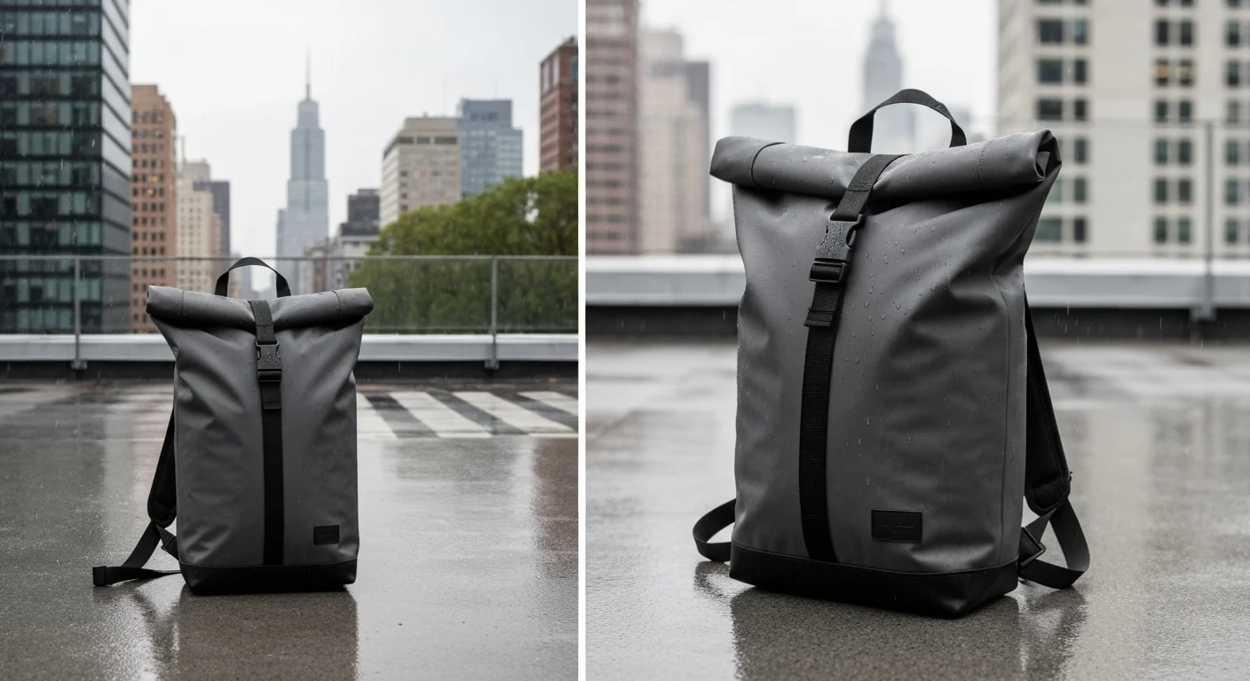 Grauer Rolltop-Rucksack mit Regentropfen auf nasser Dachterrasse vor Hochhäusern