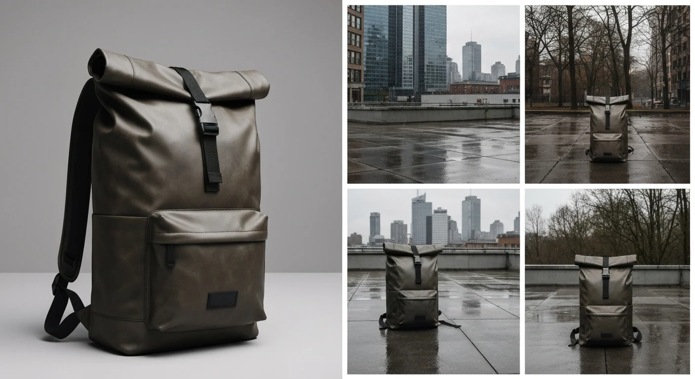 Dunkler Rolltop-Rucksack in Olivbraun mit Fronttasche, dazu Ansichten auf nassen Dachterrassen